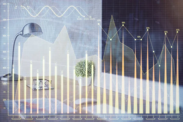 Forex market chart hologram and personal computer background. Multi exposure. Concept of investment. — Stock Photo, Image