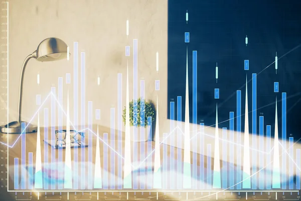 Stock market graph and table with computer background. Double exposure. Concept of financial analysis. — Stock Photo, Image