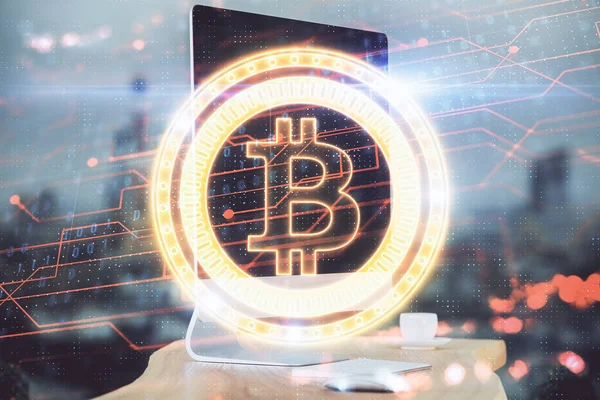 Multi expozíció blockchain téma hologram és táblázat számítógépes háttérrel. A bitcoin kripto pénznemének fogalma. — Stock Fotó