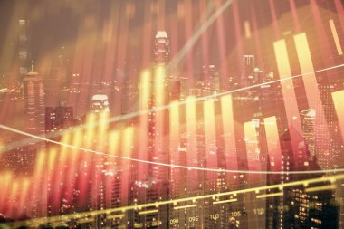 Cityscape arka plan üzerinde forex grafik çizimleri çift pozlama. Başarı kavramı.