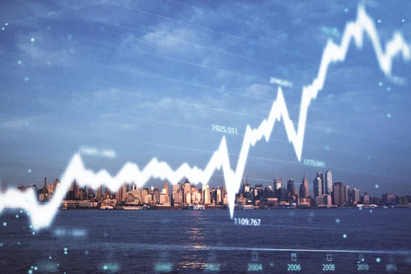 Forex diagram på stadsbilden med skyskrapor tapeter dubbel exponering. Finansiell forskning. — Stockfoto