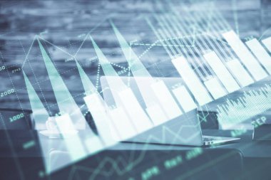 Bilgisayar geçmişi olan eski grafik hologramı. Çoklu maruz kalma. Finans piyasası kavramı.