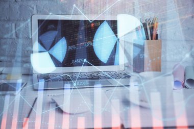 Bilgisayar geçmişi olan eski grafik hologramı. Çifte maruziyet. Finans piyasası kavramı.