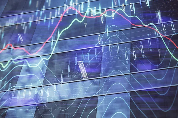 Grafik Forex pada cityscape dengan latar belakang bangunan tinggi multi eksposur. Konsep penelitian keuangan. — Stok Foto