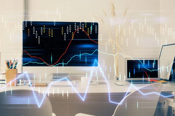 Zeichnung von Finanzdiagrammen und Tabelle mit Computer im Hintergrund. Mehrfachbelichtung. Konzept der internationalen Märkte. — Stockfoto