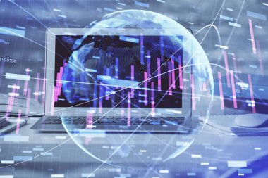 Finansal grafik renkli çizimler ve arka planda bilgisayar olan tablolar. Çifte maruziyet. Uluslararası pazarlar kavramı.