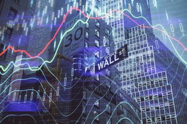 Yüksek binaların arka planında çoklu pozlama olan eski şehir haritası. Finansal araştırma kavramı.