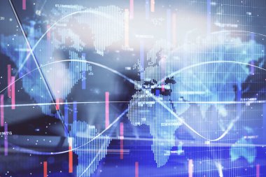 İş teması simgelerinin çoklu pozlandırılması ve bilgisayar geçmişi olan masa. Başarı kavramı.