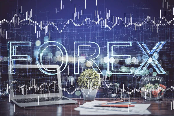 Doble exposición del gráfico de divisas y el espacio de trabajo con el ordenador. Concepto de comercio internacional en línea. —  Fotos de Stock