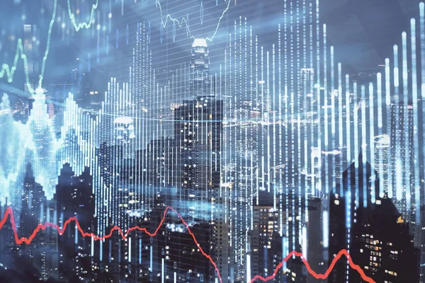 Dubbel exponering av Forex diagram ritningar över stadsbilden bakgrund. Koncept för framgång. — Stockfoto