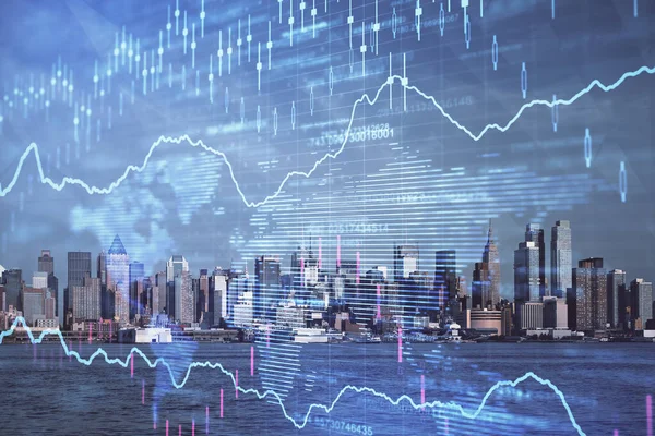 Gráfico de divisas en paisaje urbano con rascacielos fondo de pantalla doble exposición. Concepto de investigación financiera . —  Fotos de Stock