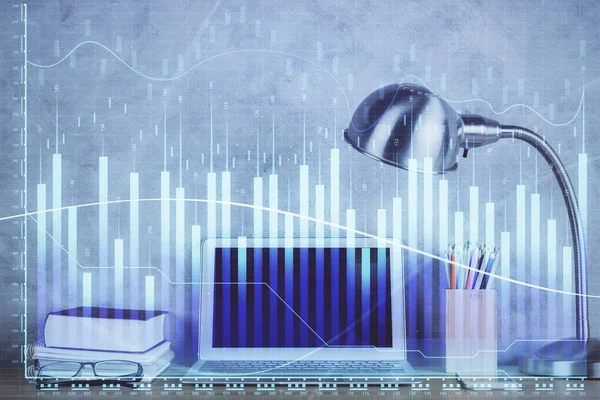 Multi exposure of chart and financial info and work space with computer background. Concept of international online trading. — Stock Photo, Image