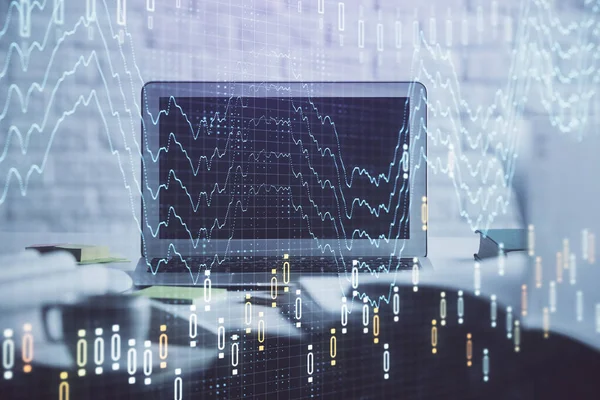 Stock market graph on background with desk and personal computer. Multi exposure. Concept of financial analysis. — Stock Photo, Image