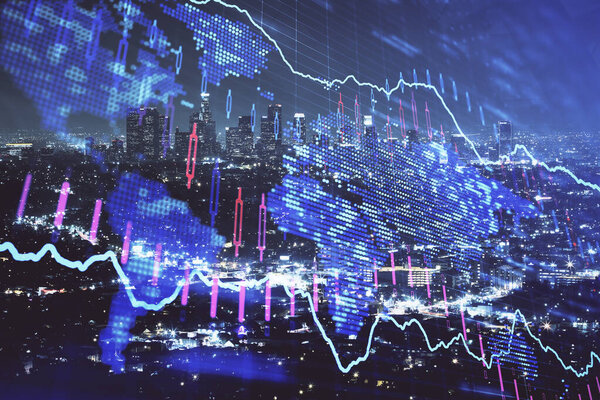 Финансовый график ночного городского пейзажа с высоким фоном зданий мульти экспозиции. Концепция анализа
.