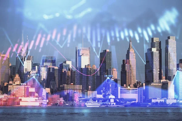 Grafico Forex sulla vista della città con grattacieli sfondo doppia esposizione. Concetto di analisi finanziaria. — Foto Stock
