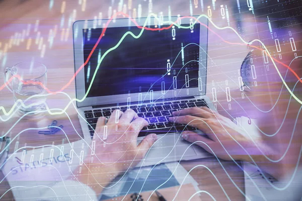 Multi exposure of forex graph with man working on computer on background. Concept of market analysis. — Stock Photo, Image