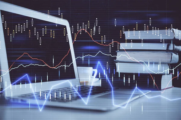 Holograma gráfico do mercado Forex e fundo do computador pessoal. Exposição múltipla. Conceito de investimento. — Fotografia de Stock