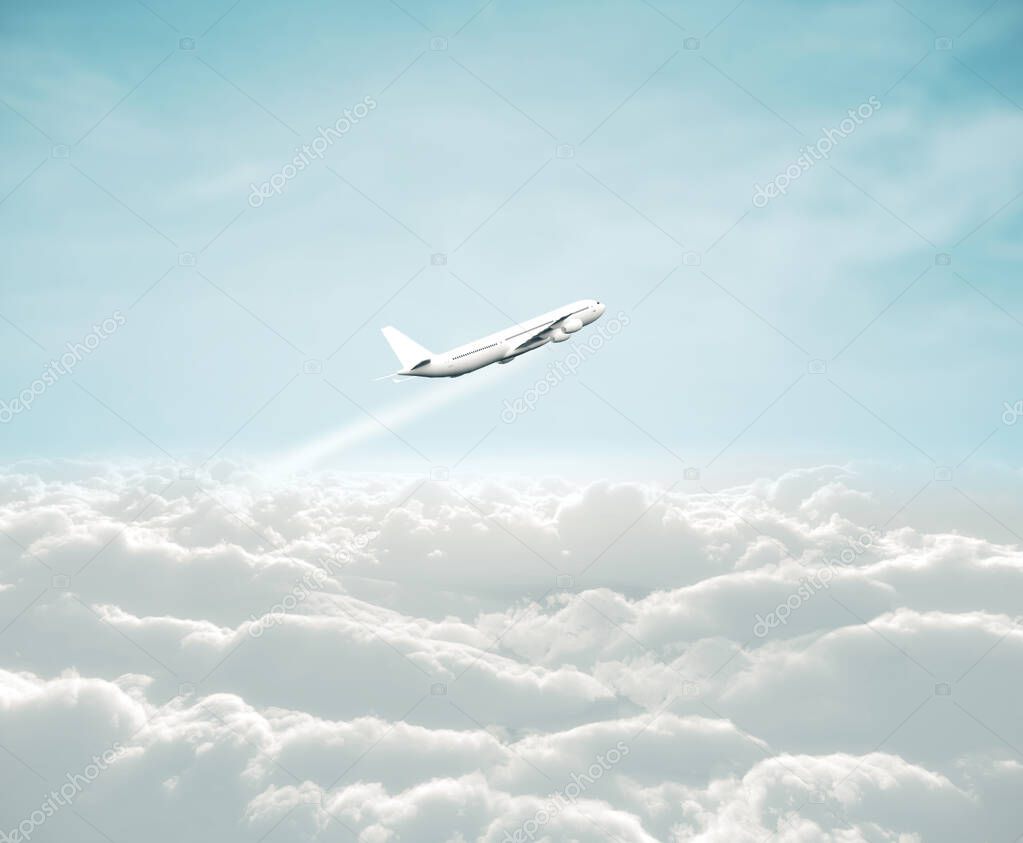 Airplane flying over the white clouds