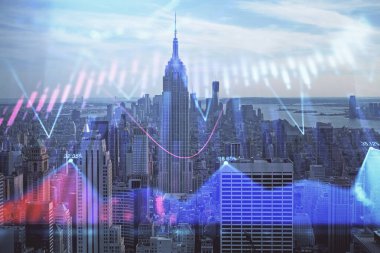 Gökdelenler arka planda çift pozlama ile şehir görünümünde eski grafik. Mali analiz kavramı.