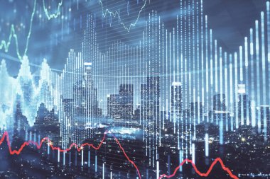 Yüksek binaların arka planında çoklu pozlama olan eski şehir haritası. Finansal araştırma kavramı.