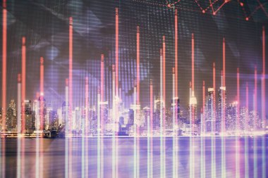 Yüksek binalar arka plan çok pozlama ile gece şehir scape mali grafik. Analiz kavramı.