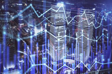 Yüksek binalar arka plan çok pozlama ile şehir scape mali grafik. Analiz kavramı.