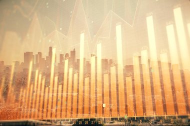 Gökdelenler, duvar kağıtları ve çoklu pozlama ile şehir manzarasının eski çizelgesi. Finansal araştırma kavramı.