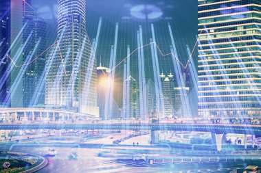 Yüksek binalar arka plan çok pozlama ile şehir scape mali grafik. Analiz kavramı.