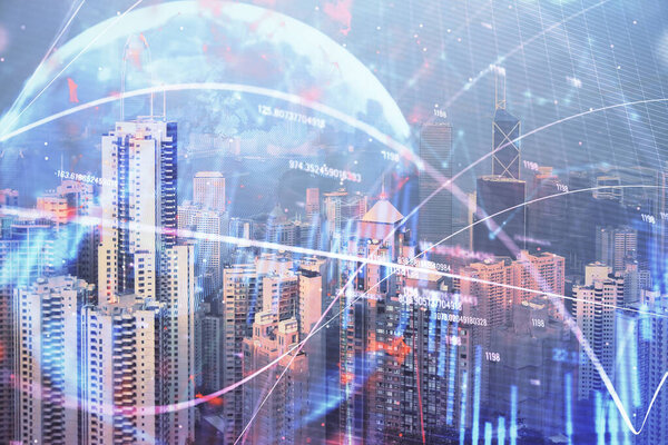 Forex graph on city view with skyscrapers background multi exposure. Financial analysis concept.