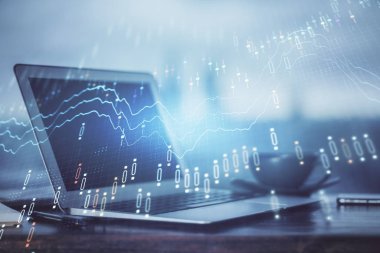 Bilgisayar geçmişi olan eski grafik hologramı. Çoklu maruz kalma. Finans piyasası kavramı.