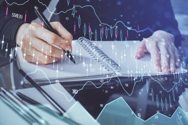 Forex grafik hologram el notları arka plan alarak. Analiz kavramı. Çoklu pozlama
