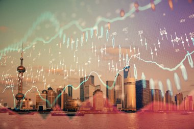 Gökdelenler arka planda çift pozlama ile şehir görünümünde eski grafik. Mali analiz kavramı.