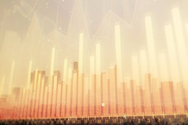 Gökdelenler, duvar kağıtları ve çoklu pozlama ile şehir manzarasının eski çizelgesi. Finansal araştırma kavramı.