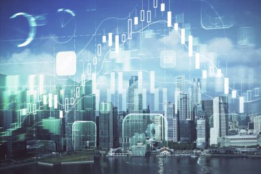 Gökdelenler, duvar kağıtları ve çoklu pozlama ile şehir manzarasının eski çizelgesi. Finansal araştırma kavramı.