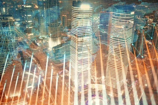 Financial chart on city scape with tall buildings background multi exposure. Analysis concept. — Stock Photo, Image