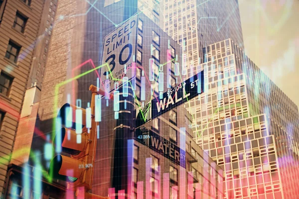 Forex chart on cityscape with tall buildings background multi exposure. Financial research concept. — Stock Photo, Image