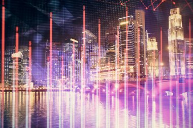 Yüksek binalar arka plan çok pozlama ile şehir scape mali grafik. Analiz kavramı.