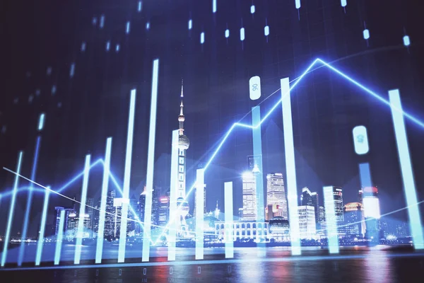 Financial graph on night city scape with tall buildings background multi exposure. Analysis concept.