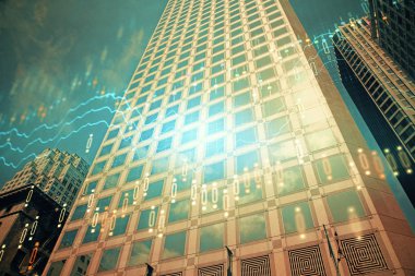 Yüksek binaların arka planında çoklu pozlama olan eski şehir haritası. Finansal araştırma kavramı.