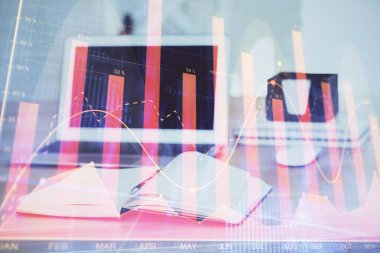 Bilgisayar geçmişi olan eski grafik hologramı. Çifte maruziyet. Finans piyasası kavramı.