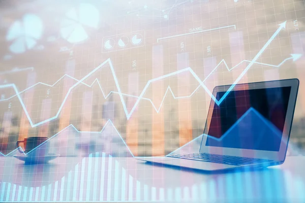 Aktiemarknad diagram och tabell med datorbakgrund. Dubbel exponering. Begreppet finansiell analys. — Stockfoto