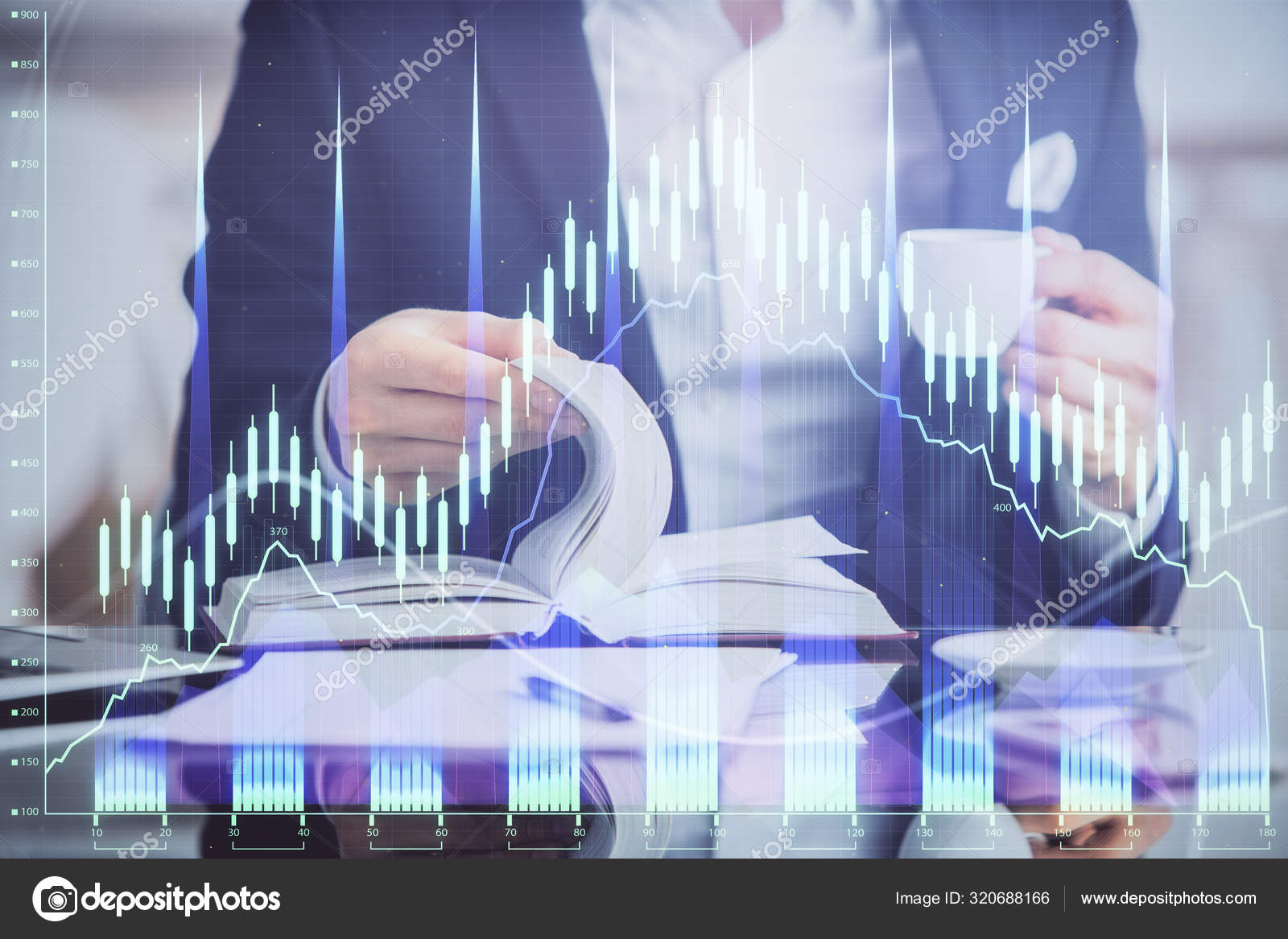 Borsa forex grafik ile kahve ile işadamı çift pozlama. — Stok Foto