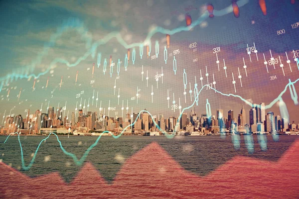 Forex grafiek over uitzicht op de stad met wolkenkrabbers achtergrond dubbele blootstelling. Begrip financiële analyse. — Stockfoto