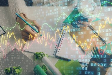 Finansal Forex grafik eller notları arka plan alarak görüntülenir. Araştırma kavramı. Çoklu pozlama
