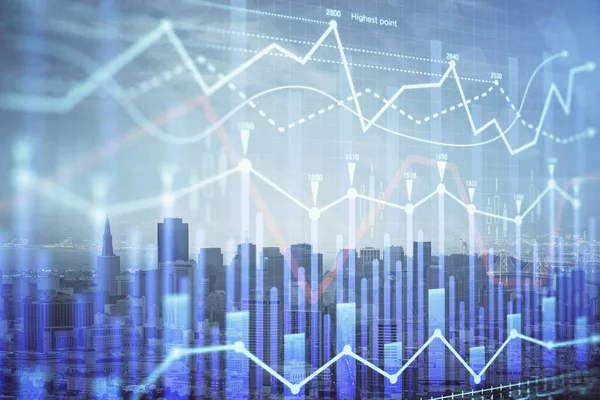 Forex graph on city view with skyscrapers background multi exposure. Financial analysis concept. — Stock Photo, Image