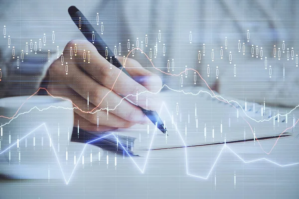 Forex chart displayed on womans hand taking notes background. Concept of research. Double exposure — Stock Photo, Image