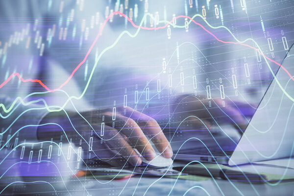 Двойная экспозиция форекс-графика с человеком, работающим на компьютере на заднем плане. Концепция анализа рынка
.