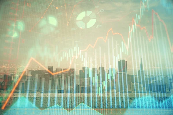 Forex-Graph auf Stadtansicht mit Wolkenkratzern Hintergrund Multi-Exposure. Finanzanalysekonzept. — Stockfoto