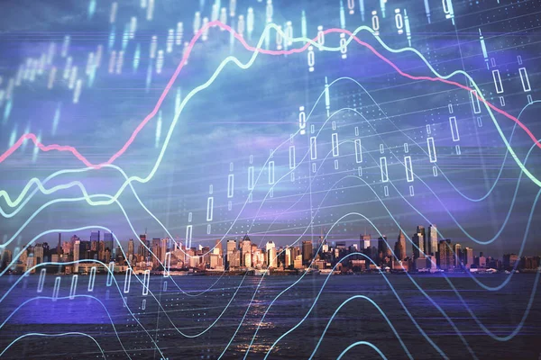 Devisendiagramm auf Stadtbild mit Wolkenkratzern Tapete Doppelbelichtung. Finanzielles Forschungskonzept. — Stockfoto