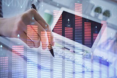 Finansal Forex grafiği el notları arka plan alarak çizilmiş. Araştırma kavramı. Çoklu pozlama